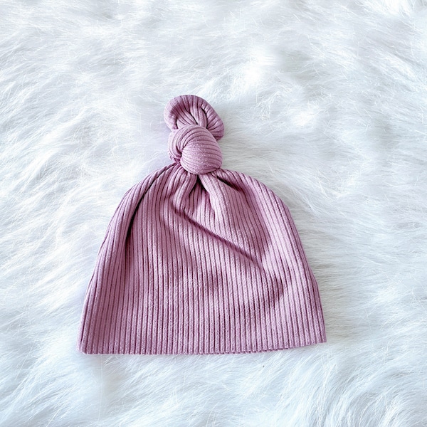 Baby Top Knot Hat in "Aurora” Light Mauve Ribbed Knit, baby gift,  baby girl gift, newborn hats, baby beanie ,baby girl Hospital Hat