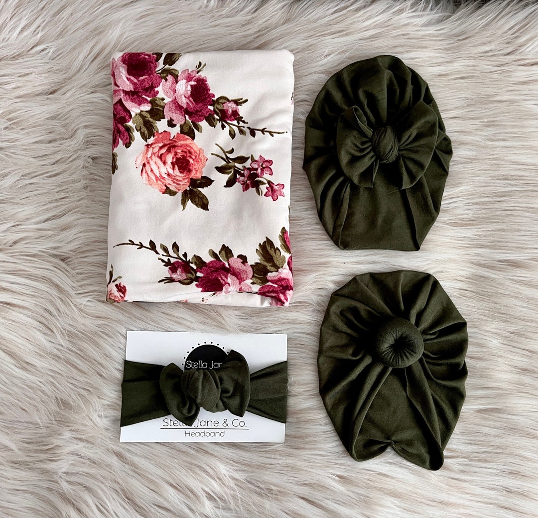 Baby Swaddle Set in sadie Wine and Coral Floral on Ivory With Olive Green Turban, Baby Photo