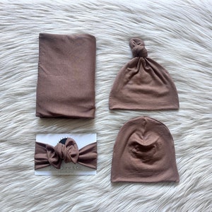 Baby swaddle blanket in Asher Espresso Brown, Top knot hat, baby photo prop, hospital set, baby boy gift, baby gift, gender neutral swaddle,