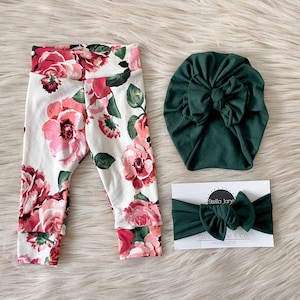 Baby leggings, “Capri” Coral and Pink Floral Pant, baby girl legging set,  Hunter Green Modern Bow turban, Baby pants, Take Home Outfit,