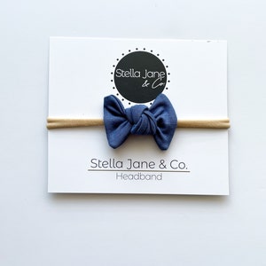 Baby Nylon Headband in Scout Denim Blue jersey knot,  nylon band,  jersey bow,  small bow headband, Newborn Headband, Baby headbands