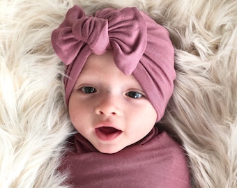 Mauve Baby Turban Bow Hat: Handmade Top Knot Beanie