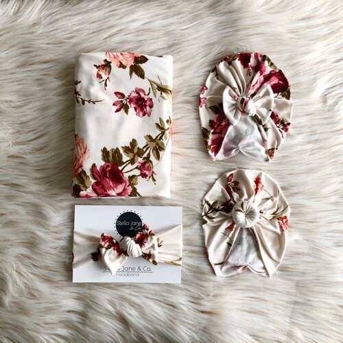 Newborn Mauve Floral on Ivory Swaddle Set With Turban AND Etsy