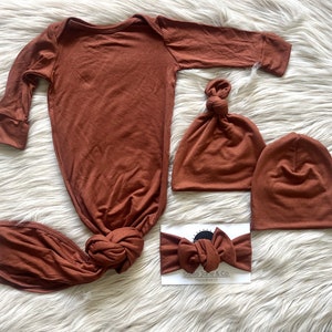 Baby knotted gown in &quot;Crew” Cinnamon, Rust baby gown, Rainbow Baby, Fall baby Gown, baby gift, unisex baby clothes