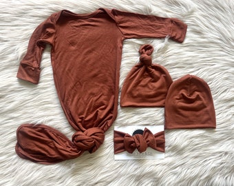 Cinnamon Knotted Baby Gown: Rust Fall Outfit, Unisex Clothes
