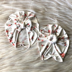 Baby Turban Hat: Coral Blossom Bow or Bun - Handmade in USA
