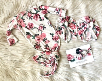 Floral Baby Gown with Turban: Pink Rose Knot Outfit