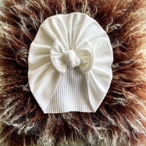 Ivory Rib Knit Baby Turban: Handmade Bow or Bun Hat