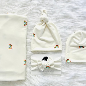 Baby swaddle blanket, “Taylor” Rainbow Print Swaddle, Rainbow baby gift, knot hat, swaddle set, hospital set, baby gift, neutral swaddle