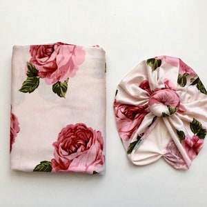 Cueiro de bebê, Cueiro floral rosa claro "Bridgette", turbante de bebê, manta para bebê, cobertor para bebê, conjunto de hospital, presente para bebê, cueiro elástico
