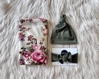 Babyblöja, Hallie grönt och rosa blommönster på elfenben, olivgrönt pannband, babyfotorekvisita, sjukhusset, babypresent, stretchig linda