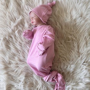 Baby knotted gown in &quot;Nova” Soft Pink, baby girl gown, Knot Bottom  Baby Gown, take home outfit, baby gift, unisex baby clothes
