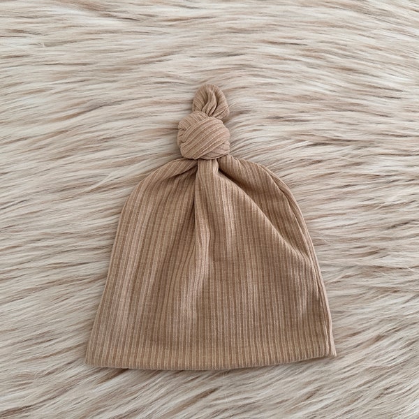 Top Knot Beanie, “Oliver” Ribbed light tan hat, baby boy gift,  baby girl gift, newborn hats, baby beanie ,baby boy and girl Hospital Hat