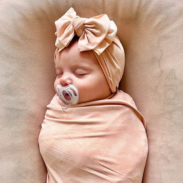 Baby Turban Modern Bow Hat in “Isle” Blush Marble , Turban Bow Hat, Turban Top Knot Hat, Baby Hat, Baby Turban, Messy Bow Turban