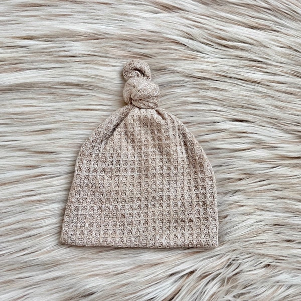 Baby Top Knot Hat in Oat Waffle Knit Top knot hat, baby gift,  baby girl gift, newborn hats, baby beanie ,baby Hospital Hat