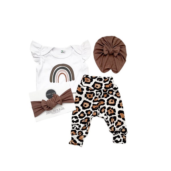 Baby leggings, Leopard Pants,Espresso brown turban,Neutral Rainbow shirt, Baby turban, Baby pant, Girl Legging, Baby Gift, Take Home Outfit,