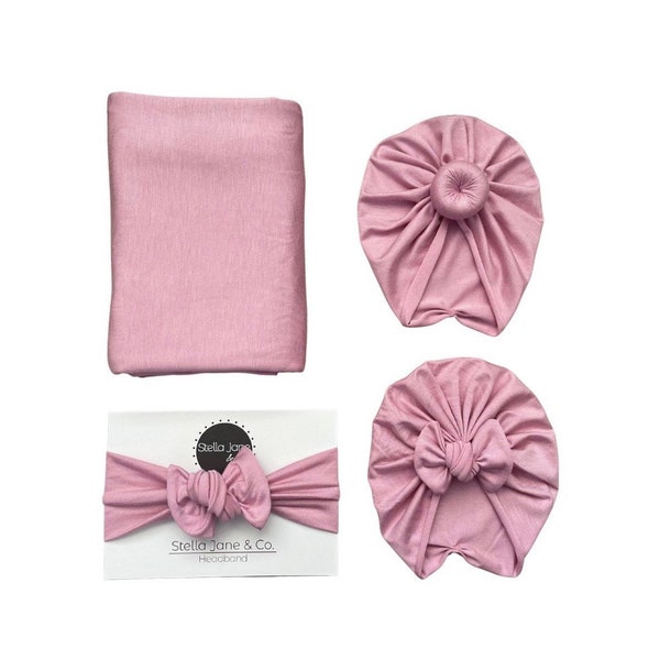 Baby swaddle set in “Nova” Soft Pink, Nova Pink Turban, baby photo prop, hospital set, baby gift, hospital swaddle, baby wrap