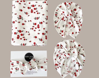 Baby swaddle set in "Molly” Red Ditsy Floral, matching Turban, baby photo prop, hospital set, baby gift, hospital swaddle, baby wrap