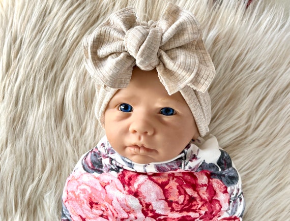 Baby Turban Modern Bow Hat in Oatmeal Ribbed, Turban Bow Hat