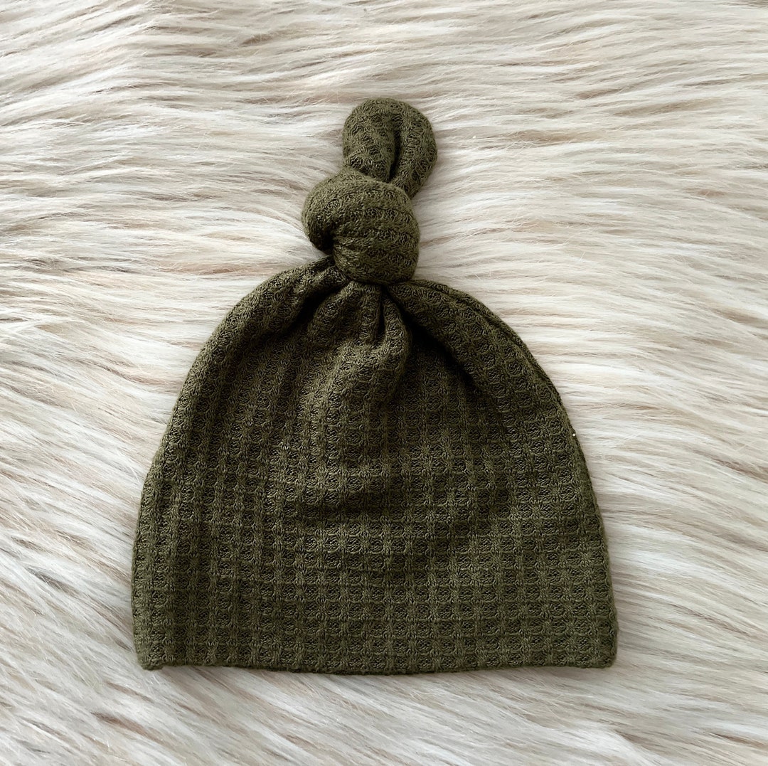 Baby Top Knot Hat in Olive Green Waffle Knit Top Knot Hat, Baby Gift