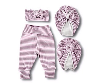 Baby leggings, “Gia” Purple Stripe baby Pant, baby Pant set, Messy Bow turban, Baby pants, Baby Gift, Take Home Outfit,