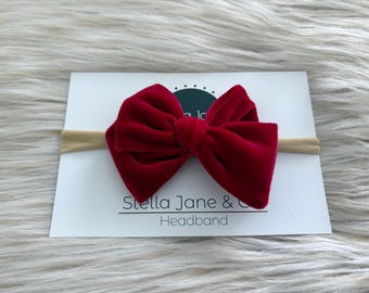 Velvet Baby Headband: Red Pinwheel Bow, Nylon Band