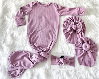 Baby knotted gown, “Aurora” Light Mauve knotted gown, Modern bow Turban,  Baby Gown, take home outfit, baby gift, baby turban, baby girl