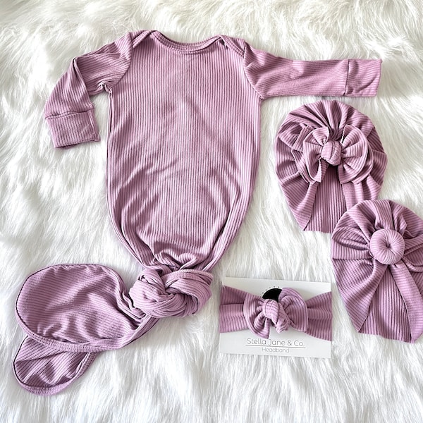 Baby knotted gown, “Aurora” Light Mauve knotted gown, Modern bow Turban,  Baby Gown, take home outfit, baby gift, baby turban, baby girl