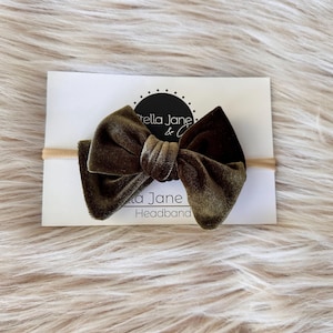 Olive Green Velvet Baby Headband: Pinwheel Bow, Nylon Band