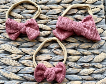 Rose Pink Waffle Bow Baby Headband: Pinwheel Nylon Headband