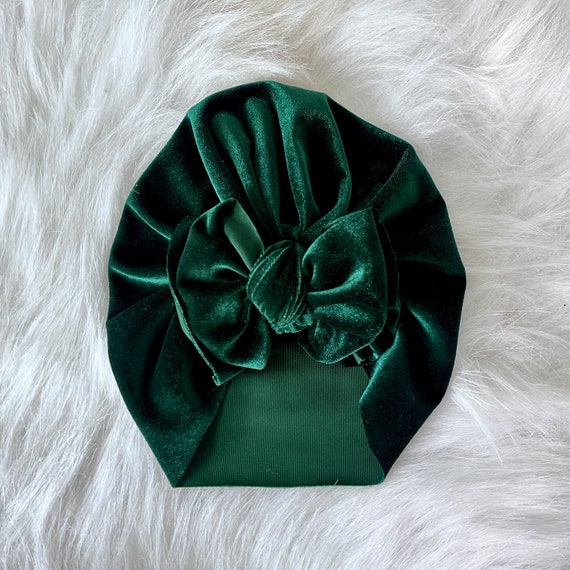 Hunter Green Velvet Baby Turban: Modern Bow Knot Hat