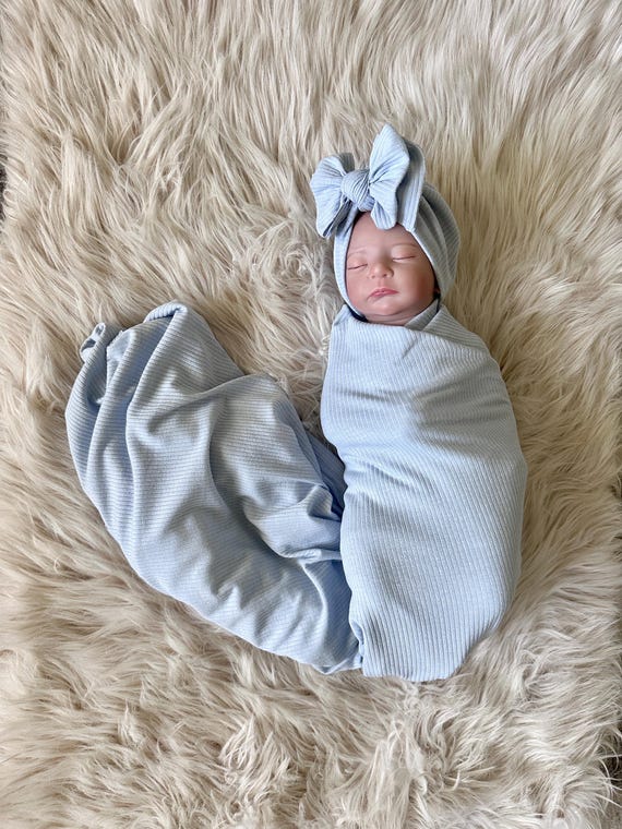 Baby Turban Modern Bow Hat in Powder Blue Ribbed Knit, Turban Bow