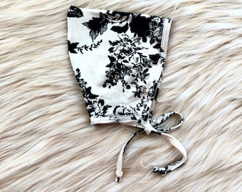 Floral Baby Bonnet: Black and Ivory Pixie Hat (0-3 Months)