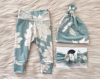 Baby legging set, baby pant set “Eloise” Light Teal Floral, Baby Hat, Baby Headband, Baby girl set, Baby Gift, Take Home Outfit, newborn set