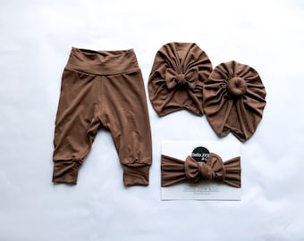 Baby leggings, Asher Espresso Brown pants, brown headwrap, Baby pants, Girl Leggings, Baby Gift, Take Home Outfit,