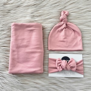 Baby swaddle set in &quot;London” Blush, baby hat, blush baby headband, baby photo prop, hospital set, baby gift, stretchy swaddle