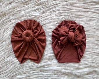 Handmade Baby Turban Hat: Cinnamon Knit Bow or Bun Knot