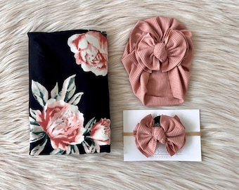 Baby swaddle set in "Emma” Black and Blush Floral with Blush Rib Turban,  headband, baby photo prop, hospital set, baby gift,