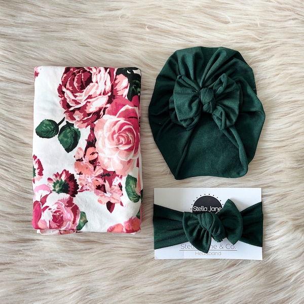 Baby swaddle set “Capri” Pink and Coral Floral with matching Hunter Green Turban , baby photo prop, hospital set, baby gift, Baby headwrap