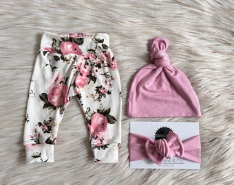 Floral Baby Legging Set: Ivory, Blush, Pink Hat & Headband