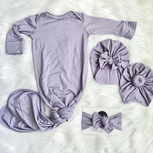 Dusty Lilac Baby Knotted Gown with Turban: Take Home Outfit