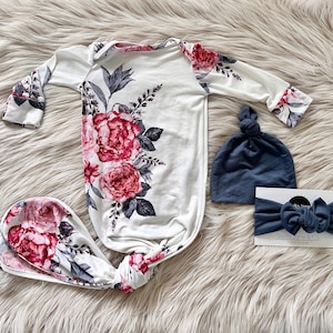 Floral Baby Knotted Gown: Pink Purple Clara Print, Denim Blue Hat