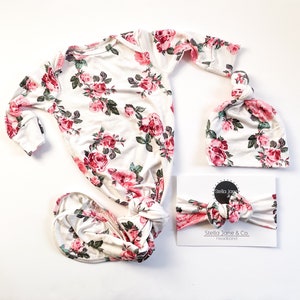 Floral Baby Gown: Pink Rose Knotted Take Home Outfit