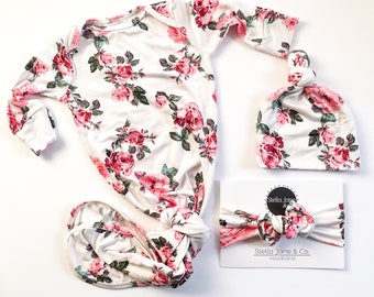 Floral Baby Gown: Pink Rose Knotted Take Home Outfit
