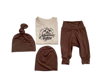 Asher Brown Baby Legging Set: Adventure Begins Shirt, Slouchy Hat