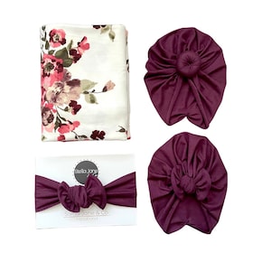 Conjunto de fraldas para bebê em "Morgan" Vinho e Turbante Floral Rosa e Vinho, faixa de cabeça, acessório para fotos de bebê, conjunto de hospital, presente para bebê, fralda elástica