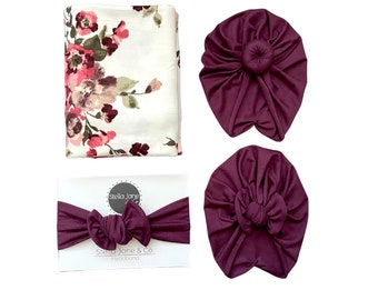 Floral Baby Swaddle Set: Wine Turban & Headband - Newborn Photo Prop