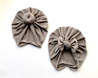 Taupe Gray Baby Turban Hat: Bow or Bun Style, Handmade in USA