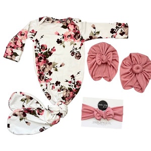 Baby knotted gown, “Morgan” Wine and Pink Floral knot gown, Dusty Rose Turban,  Baby Gown, take home outfit, baby gift,turban, baby clothes