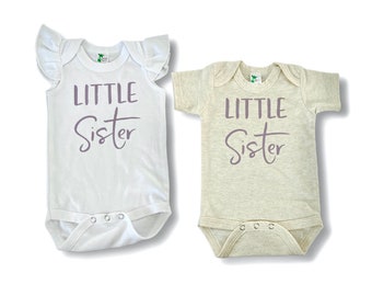 Little Sister Baby Bodysuit: Dusty Purple, Oatmeal Shirt